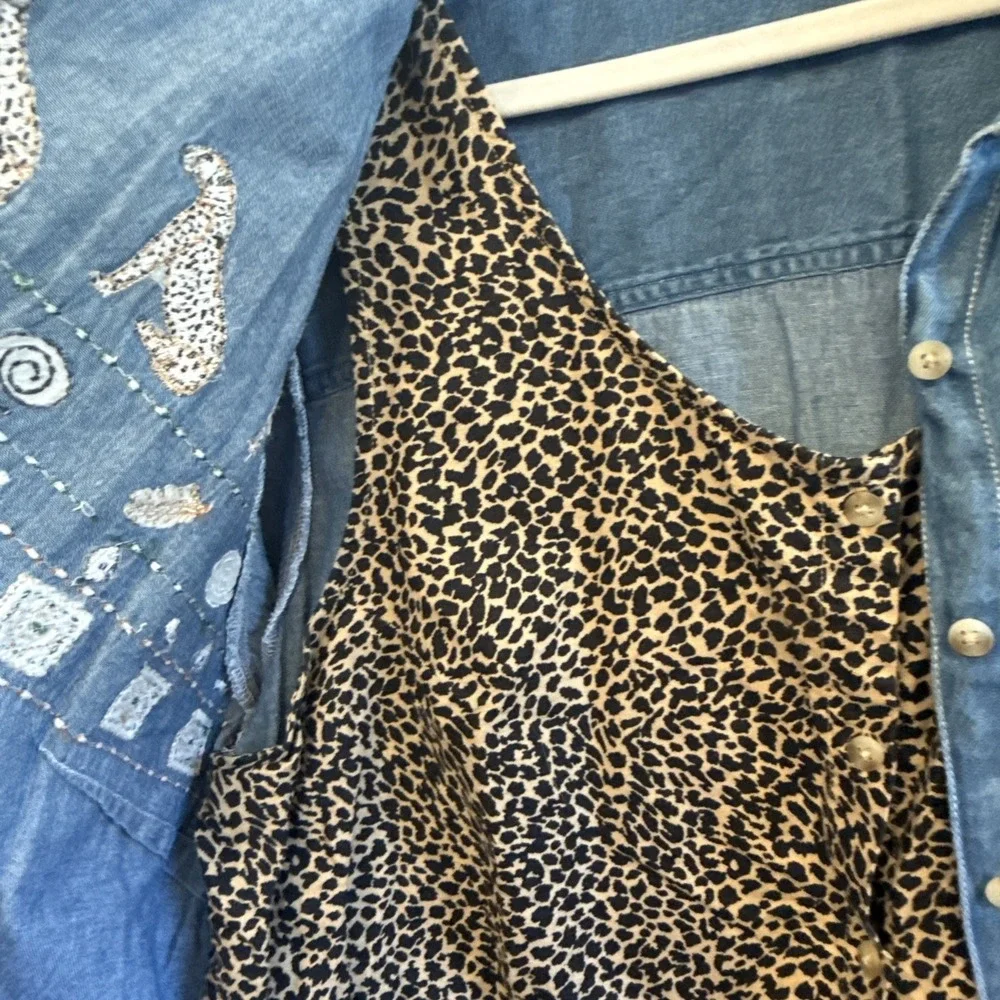 Cabin Creek Cheetah embroidered short sleeve chambray shirt with panel Whimsy